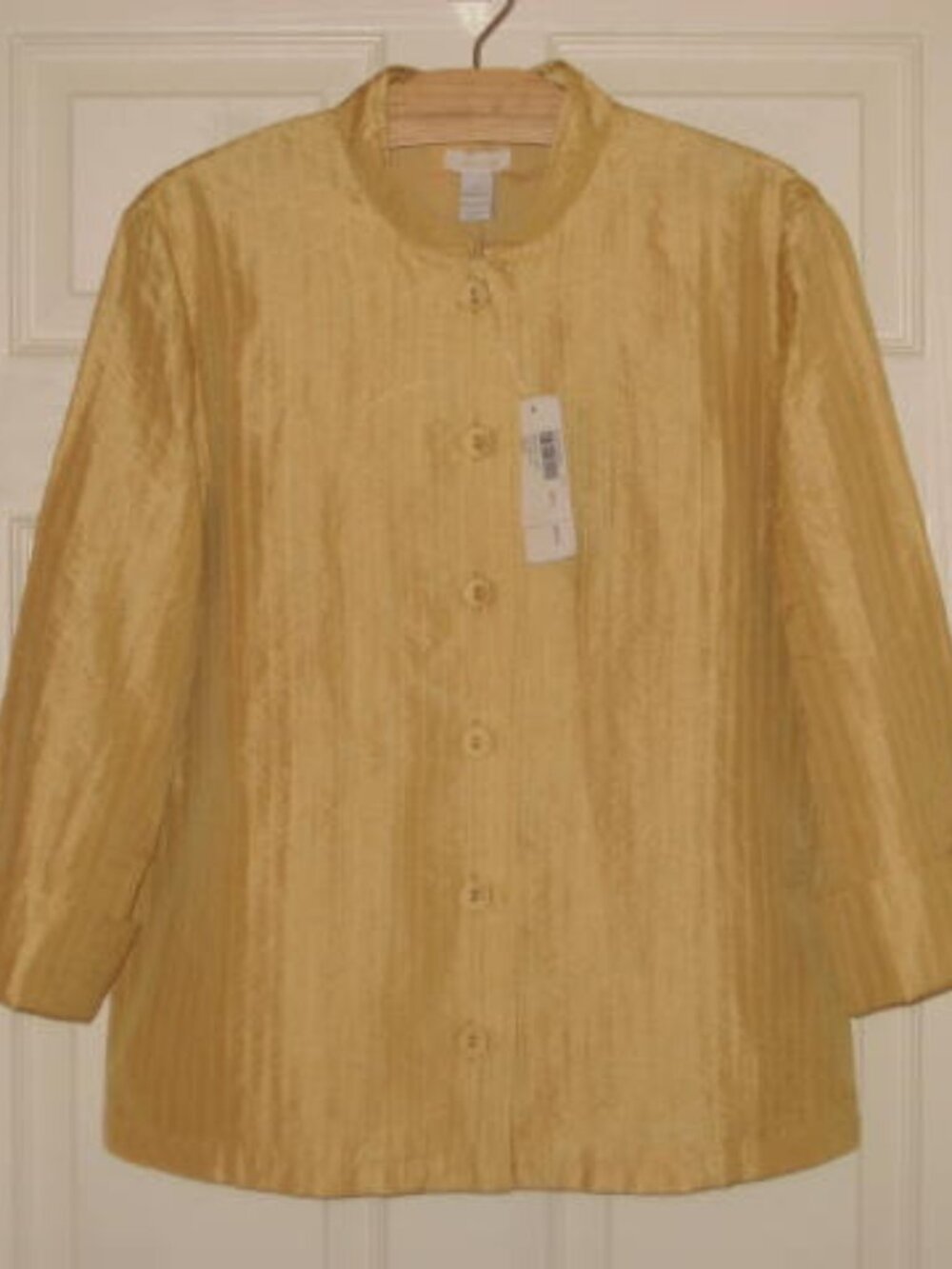 NWT Chico's Sz 2 L Lolyta Rippled Luxe Raffia Jacket Gold Lined 3/4 SL Polyester